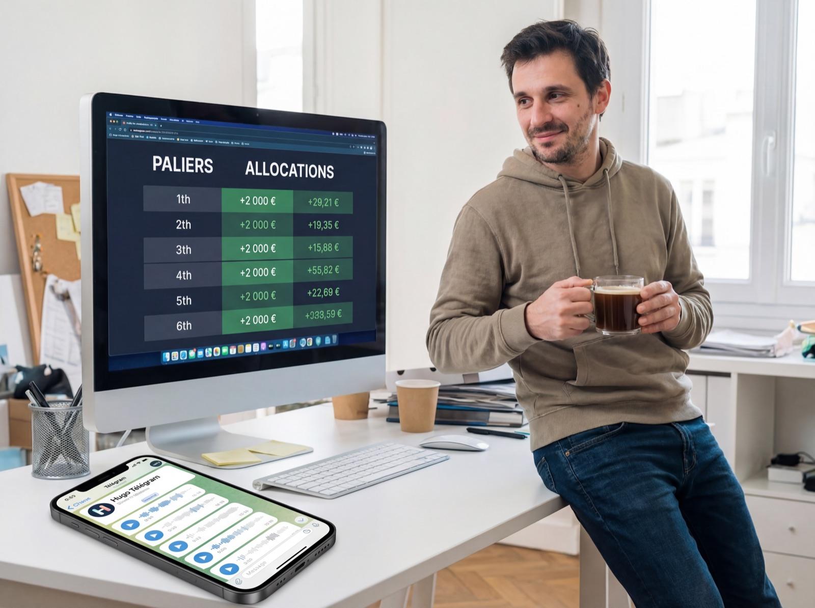 Investisseur calme avec son tableau de paliers et d'allocations clairs