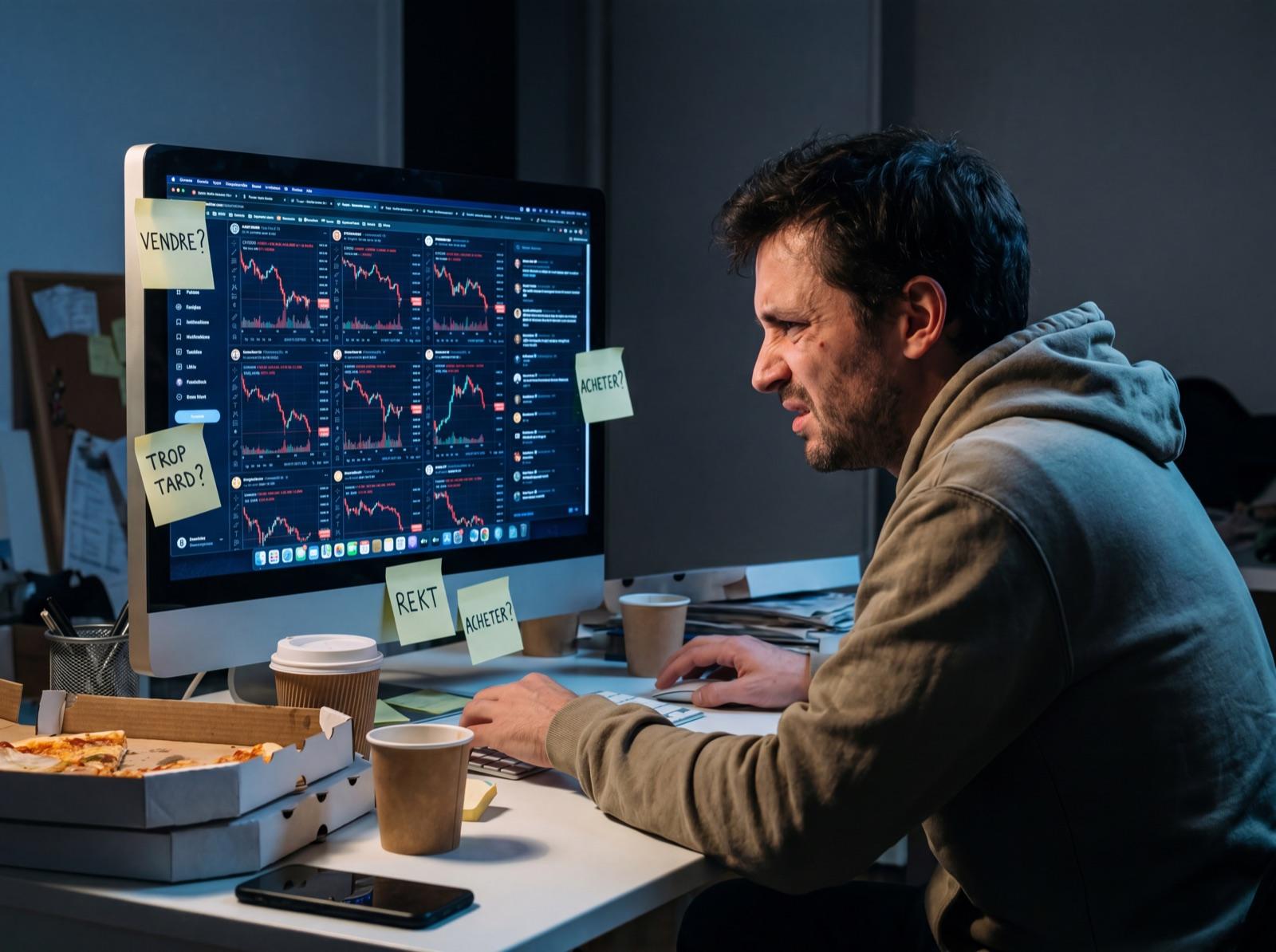 Investisseur crypto stressé devant ses écrans, post-its VENDRE / ACHETER / REKT